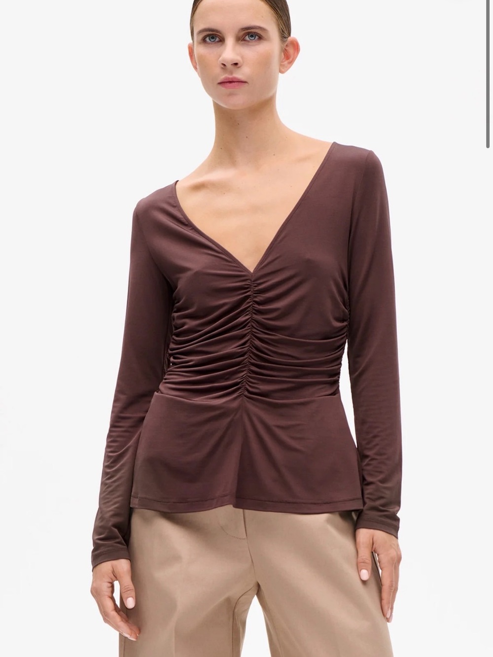 Baum und pferdgarten Ruched V-Neck Long-Sleeve Top in Brown size L NWT